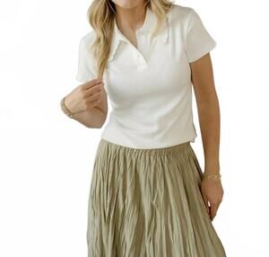 NEW ELLE GREY parker scallop polo top in white